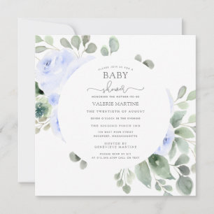 Invitación Blue Floral Eucalyptus Baby Shower Botánico