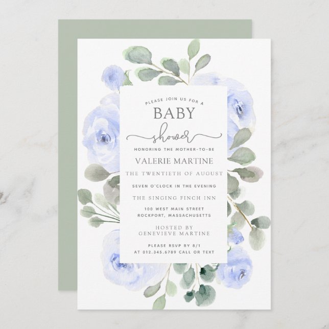 Invitación Blue Floral Eucalyptus Baby Shower Botánico (Anverso / Reverso)