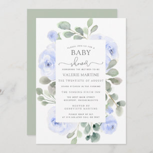 Invitación Blue Floral Eucalyptus Baby Shower Botánico
