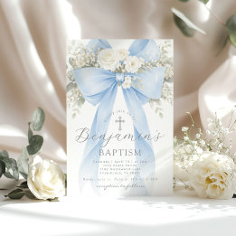 Invitación Blue Floral Eucalyptus Bow Boy Baptism