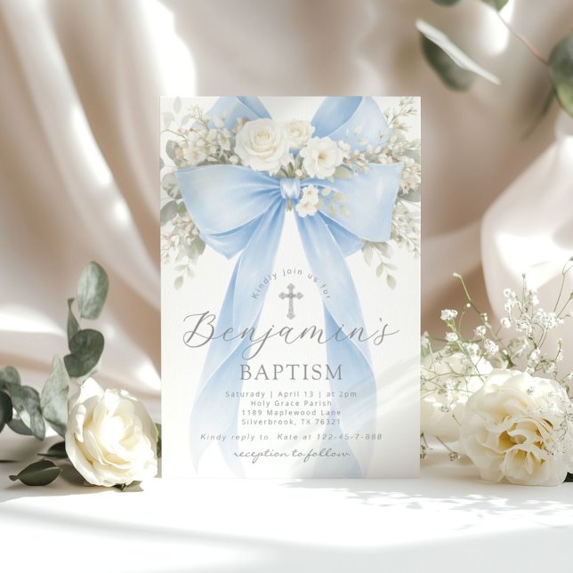 Invitación Blue Floral Eucalyptus Bow Boy Baptism (Subido por el creador)