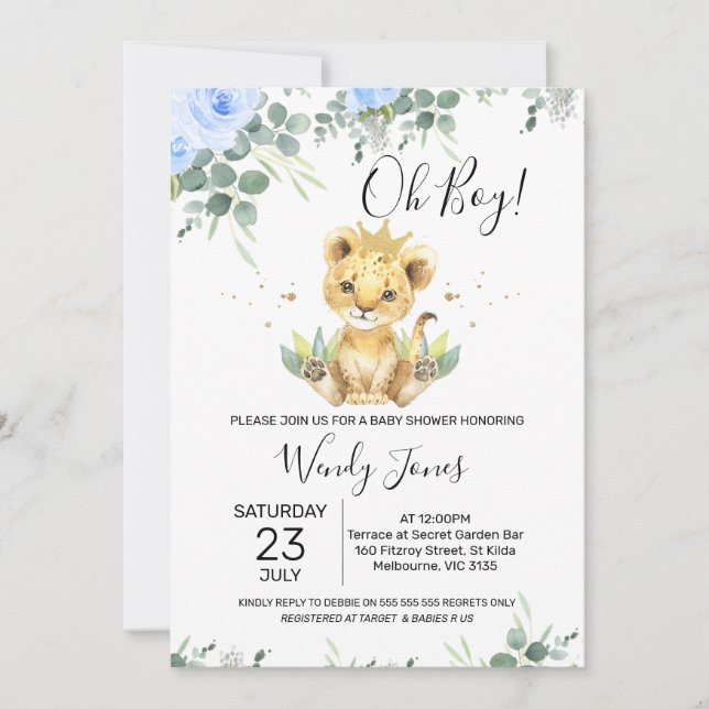 Invitación Blue Floral Eucalyptus Lion King Baby Shower (Anverso)