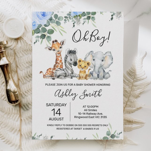 Invitación Blue Floral Eucalyptus Safari Baby Shower (Subido por el creador)