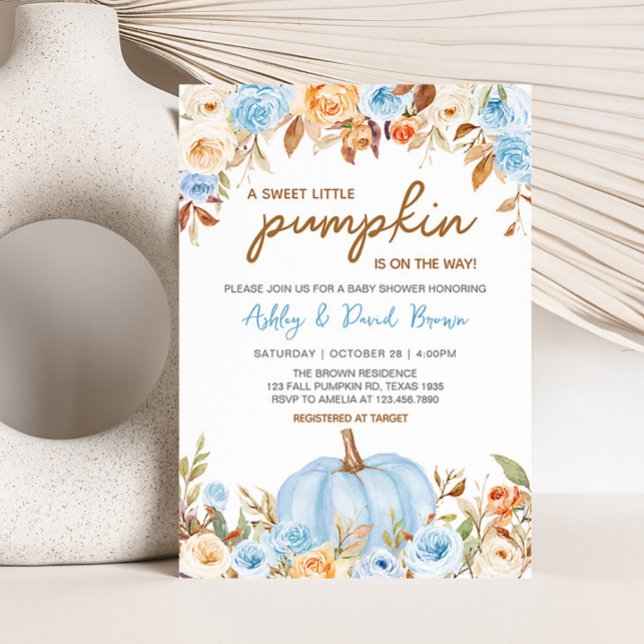 Invitación Blue Floral Fall Pumpkin Baby Shower (Blue Floral Pumpkin Baby Shower Invitation)