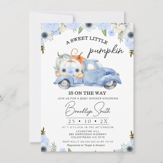 Invitación Blue Floral Fall Truck Truck Baby Shower (Anverso)