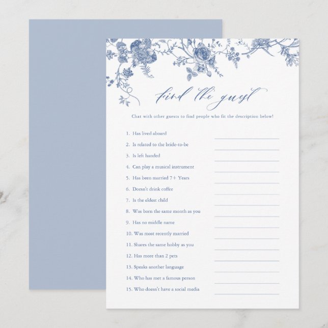 Invitación Blue Floral Find the Guest Bridal Shower Game Card (Anverso / Reverso)