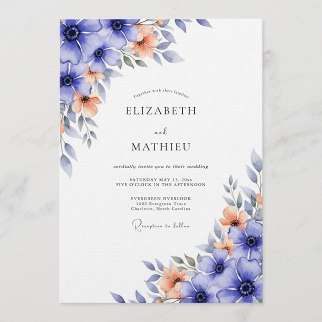 Invitación Blue Floral Flourish Wedding (Anverso)