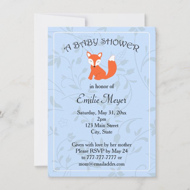 Invitación Blue Floral Fox Woodland Baby Shower (Anverso)