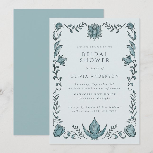 Invitación Blue Floral Frame Spring Summer Bridal Shower (Anverso / Reverso)