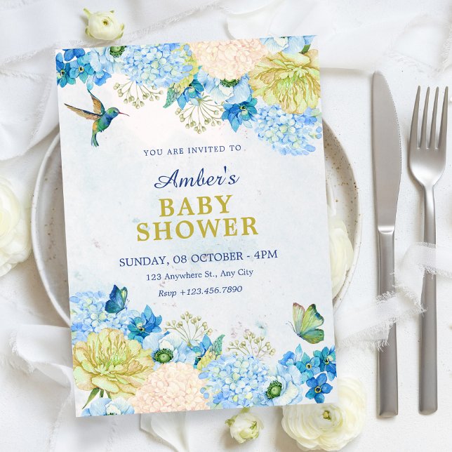 Invitación Blue floral garden baby shower (Subido por el creador)