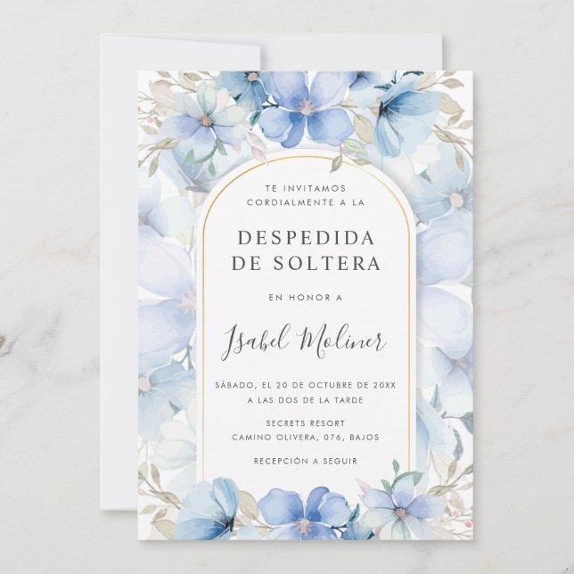 Invitación Blue Floral Garden Ducha de Novias Española (Anverso)