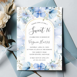Invitación Blue Floral Garden Dulce Dieciséis Cumpleaños