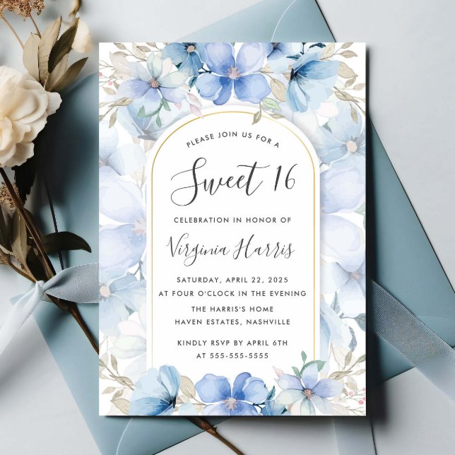 Invitación Blue Floral Garden Dulce Dieciséis Cumpleaños (Subido por el creador)