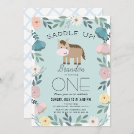 Invitación Blue Floral Garden Horse Boy 1er cumpleaños