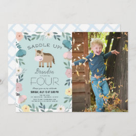 Invitación Blue Floral Garden Horse Boy Foto Cumpleaños