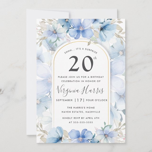 Invitación Blue Floral Garden Veinte cumpleaños (Anverso)