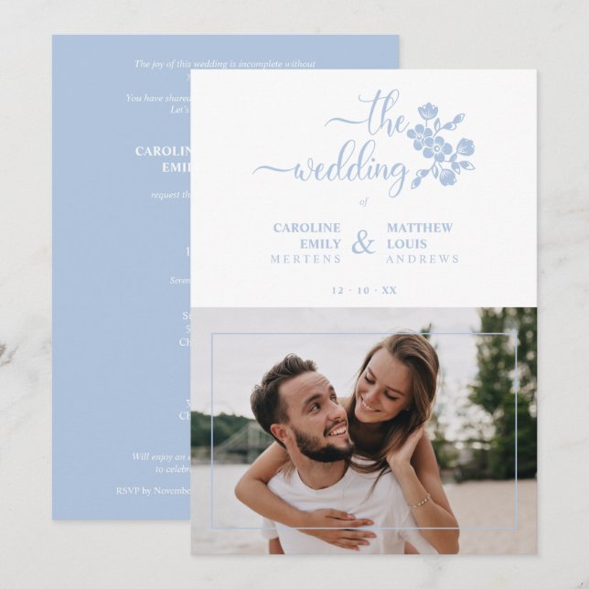 Invitación Blue Floral Garland Photo Card Couple Wedding (Anverso / Reverso)