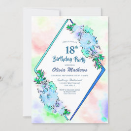 Invitación Blue Floral Geometric 18th Birthday Party