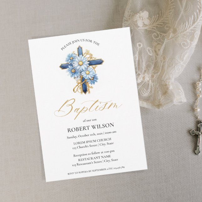 Invitación Blue Floral Gold Cross Boy Christening Baptism (Subido por el creador)