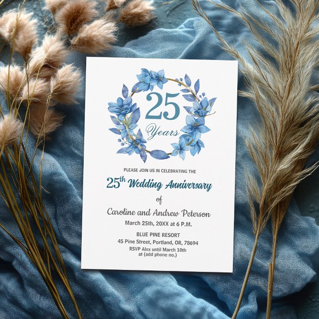 Invitación  Blue Floral Gold Frame 25th Wedding Anniversary  (Subido por el creador)