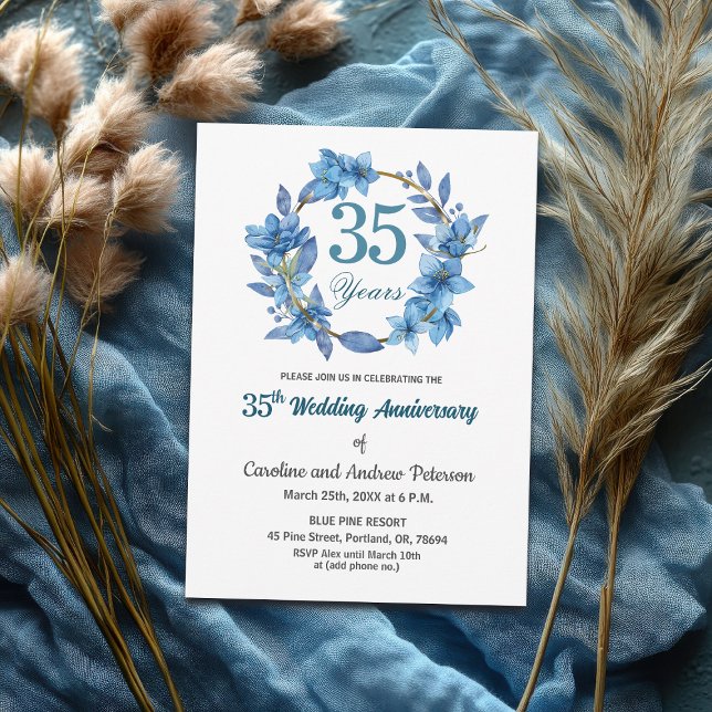 Invitación  Blue Floral Gold Frame 35th Wedding Anniversary  (Subido por el creador)