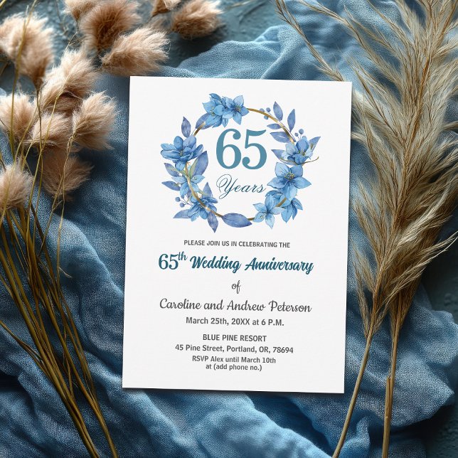Invitación  Blue Floral Gold Frame 65th Wedding Anniversary  (Subido por el creador)
