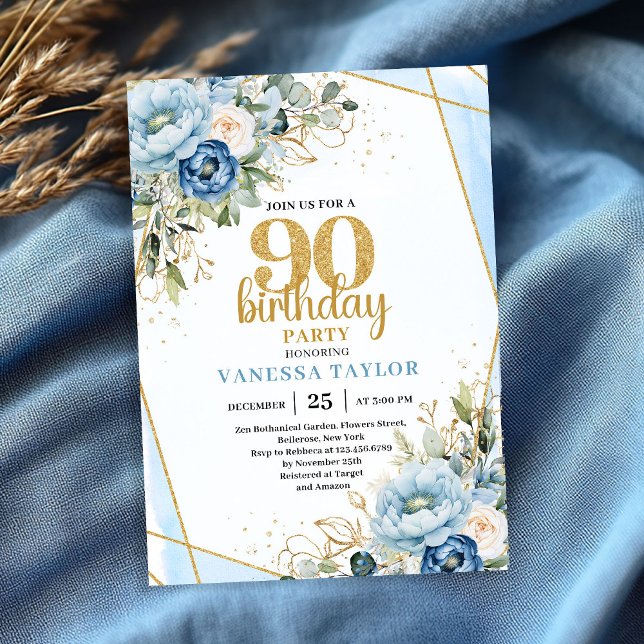 Invitación Blue Floral Gold Frame Elegant 90th Birthday  (Blue Floral Gold Frame Elegant 90th Birthday Invite)