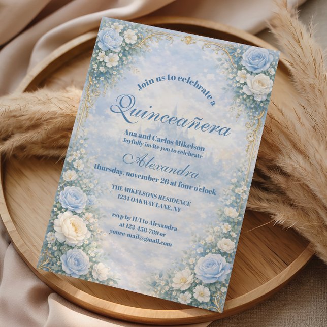 Invitación Blue Floral Gold Garden Quinceañera (Subido por el creador)