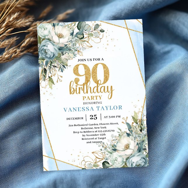 Invitación Blue Floral Gold Shine 90th Birthday Invite Card (Blue Floral Gold Shine 90th Birthday Invite Card)