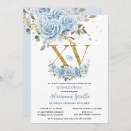 Invitación Blue Floral Gold XV Quinceañera Quince