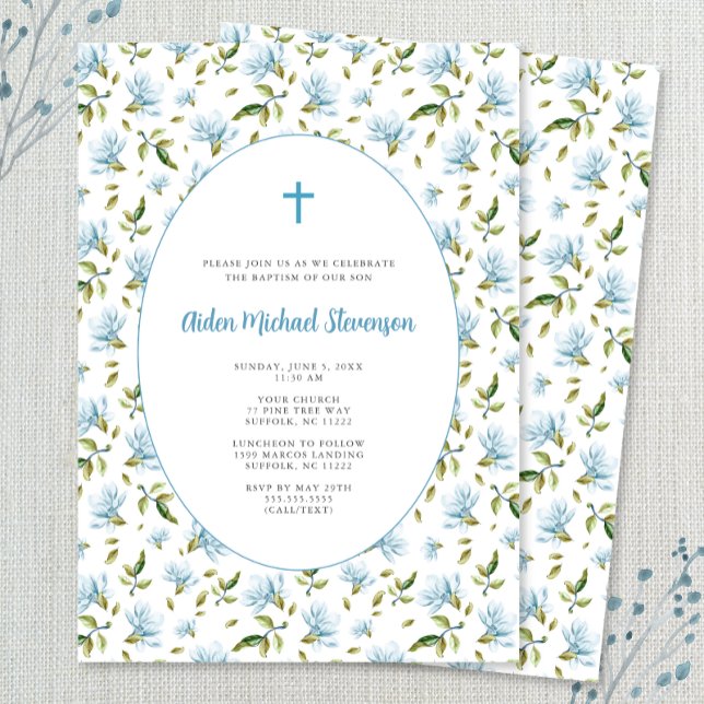 Invitación Blue Floral Grandmillenial baptism invitation (Subido por el creador)