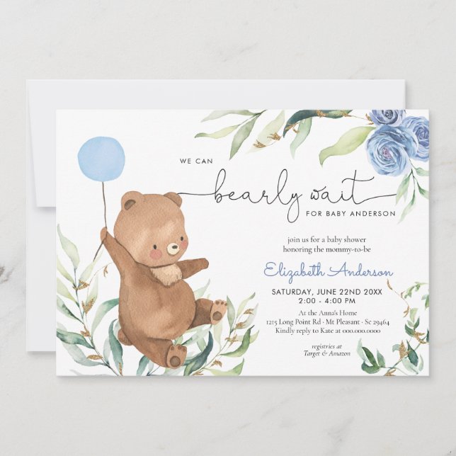 Invitación Blue Floral Green Bear Balloon Boy Baby Shower (Anverso)