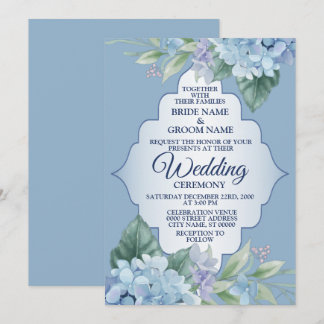 Invitación Blue Floral Green Leaves Frame Elegant Wedding