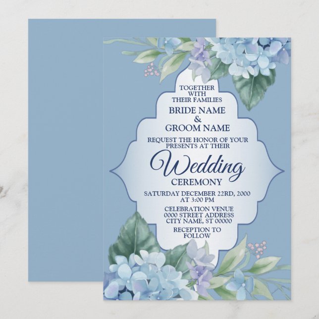 Invitación Blue Floral Green Leaves Frame Elegant Wedding (Anverso / Reverso)