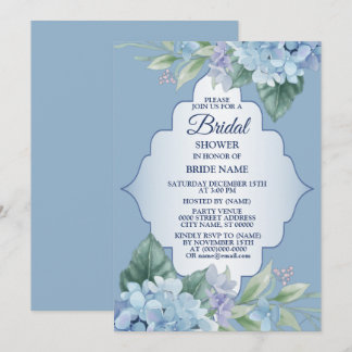 Invitación Blue Floral Green Leaves Wedding Bridal Shower