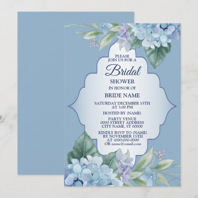 Invitación Blue Floral Green Leaves Wedding Bridal Shower (Anverso / Reverso)