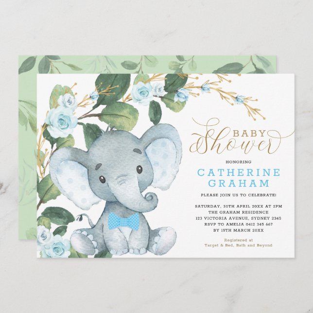 Invitación Blue Floral Greenery Gold Elephant Baby Shower (Anverso / Reverso)
