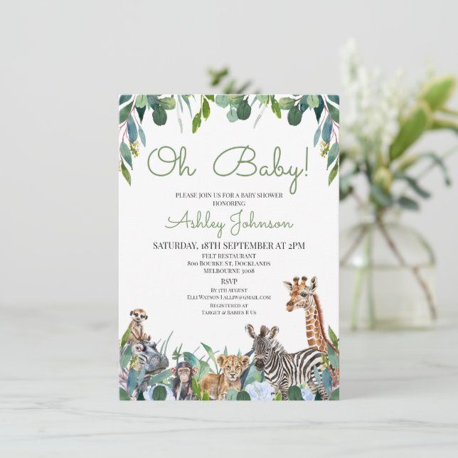 Invitación Blue Floral Greenery Safari Baby Shower (Anverso de pie)