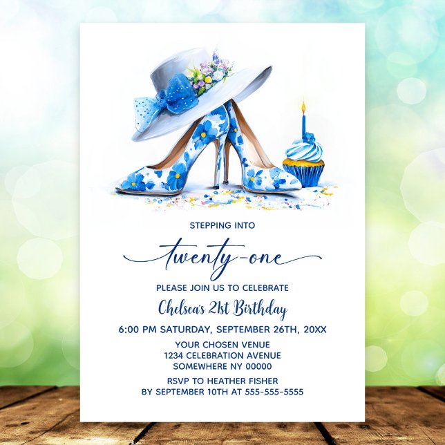 Invitación Blue Floral High Heel Shoes 21st Birthday Party (Subido por el creador)