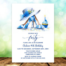 Invitación Blue Floral High Heel Shoes 40th Birthday Party