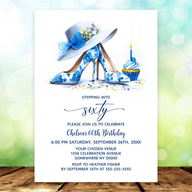 Invitación Blue Floral High Heel Shoes 60th Birthday Party (Subido por el creador)