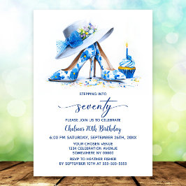 Invitación Blue Floral High Heel Shoes 70th Birthday Party