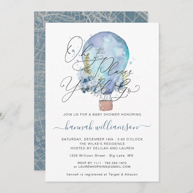 Invitación Blue Floral Hot Air Balloon Baby Shower (Anverso / Reverso)
