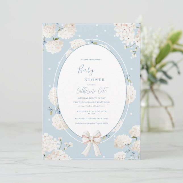 Invitación Blue Floral Hydrangea Elegant Baby Shower (Anverso de pie)