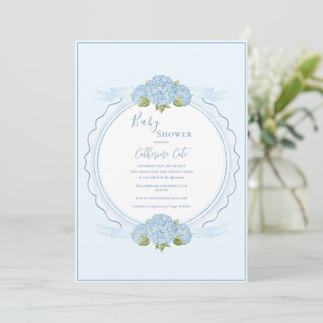 Invitación Blue Floral Hydrangea Elegant Baby Shower  (Anverso de pie)