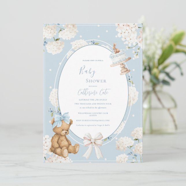 Invitación Blue Floral Hydrangea Elegant Bear Baby Shower (Anverso de pie)