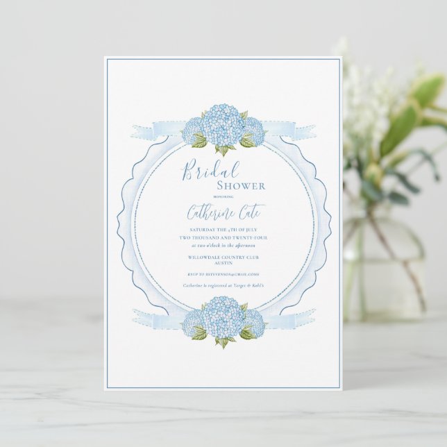Invitación Blue Floral Hydrangea Elegant Bridal Shower  (Anverso de pie)
