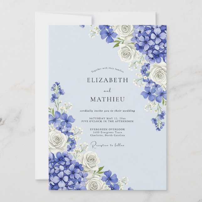 Invitación Blue Floral Hydrangea Romance Wedding (Anverso)