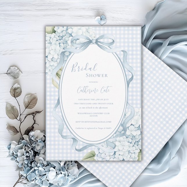 Invitación Blue Floral Hydrangeas Gingham Whimsical Bridal (Subido por el creador)
