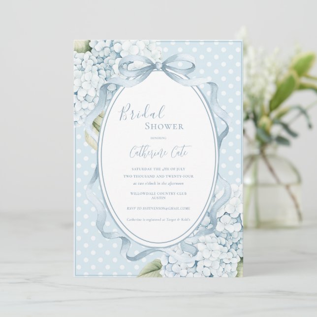 Invitación Blue Floral Hydrangeas Whimsical Bridal Shower  (Anverso de pie)